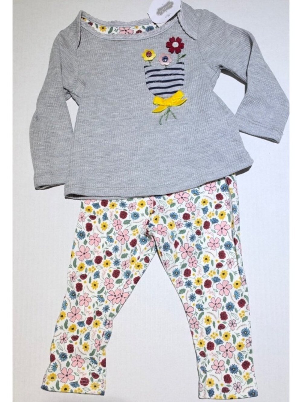 Mud Pie 6m 9m NWT gray waffle knit 2pc SET floral leggings embroidery Fall